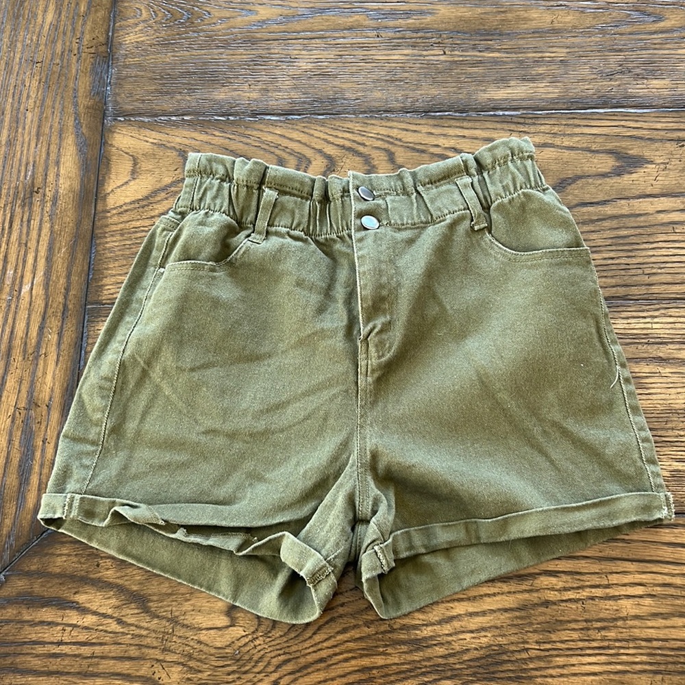 Army Green, High-Waisted, Cinched-Waist Shorts